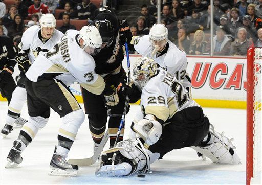 Alex Goligoski, Chris Bourque, Marc-Andre Fleury, Corey Perry