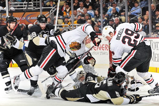 Simon Despres, James Neal, Jonathan Toews, Deryk Engelland, Marc-Andre Fleury, Bryan Bickell