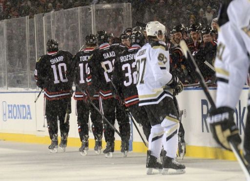 Patrick Sharp, Jonathan Toews, Brandon Saad, Michal Rozsíval, Sidney Crosby